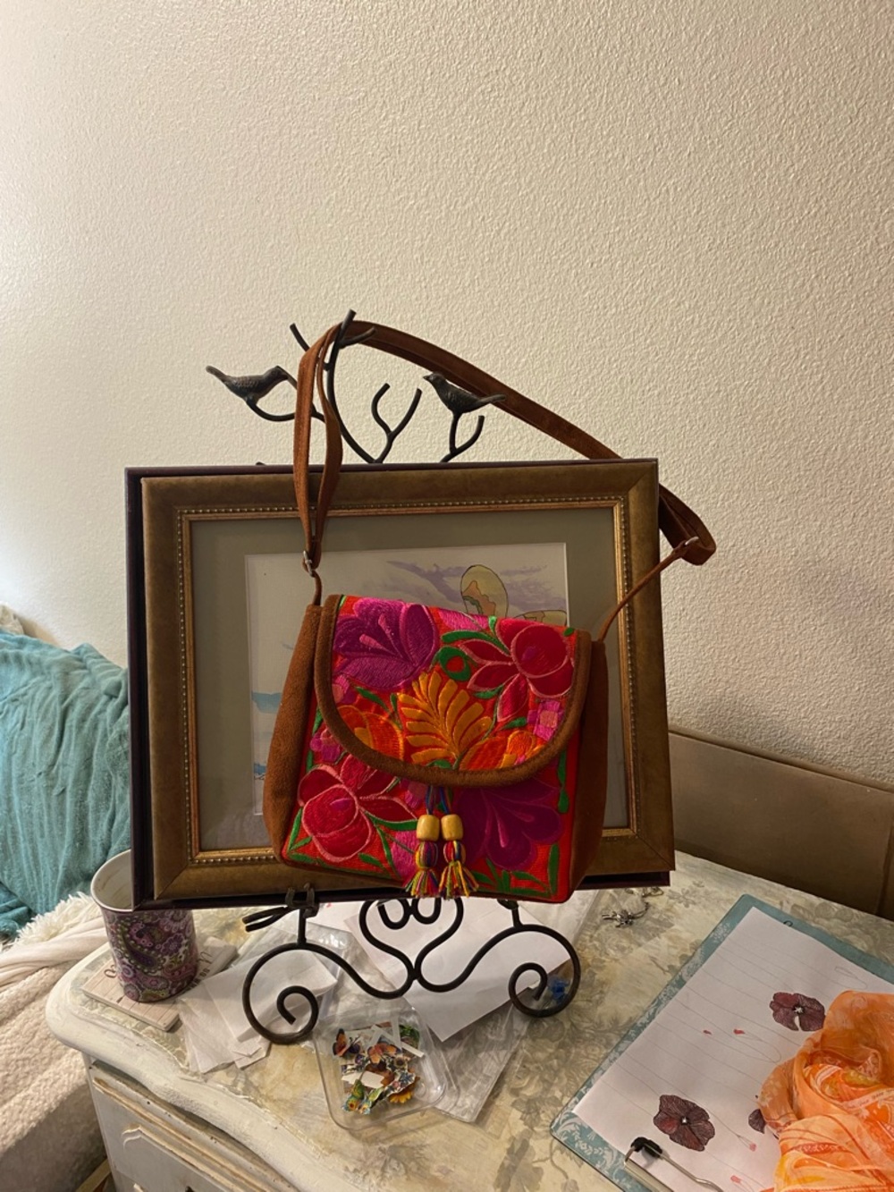 Hand-Embroidered Floral Crossbody Bag in Pink & Orange - Picture 10 of 10